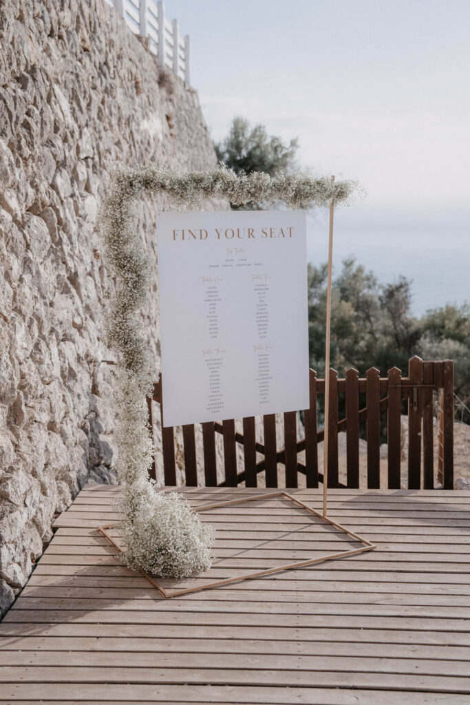 Tischplan für die Hochzeit in einem goldenen Rahmen, verziert mit Schleierkraut, im Son Marroig.