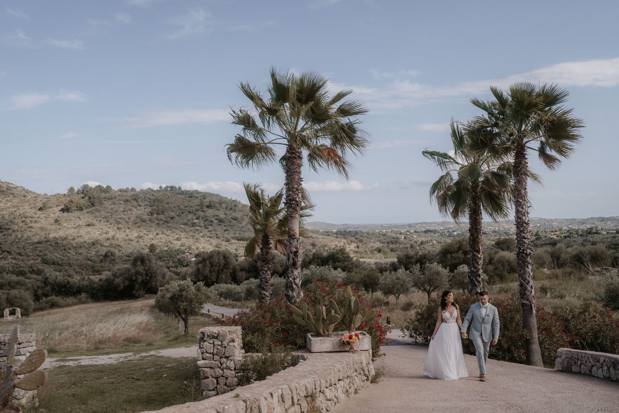 The bride and groom walk hand in hand down a palm-lined path in a picturesque landscape, capturing the magic of destination weddings with an experienced wedding photographer.