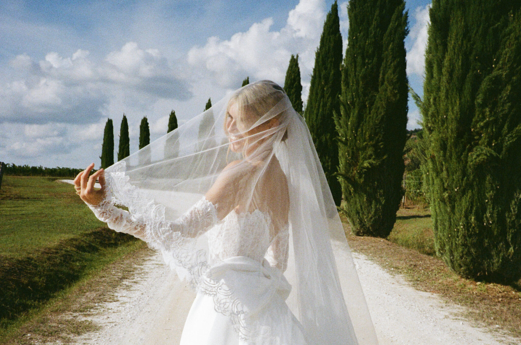 Editorial bridal portrait at a luxury destination wedding in Europe - 35 mm analogue film