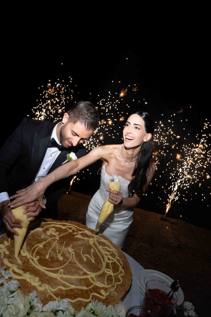 Lake Como Wedding Cake Cutting, Bride and Groom